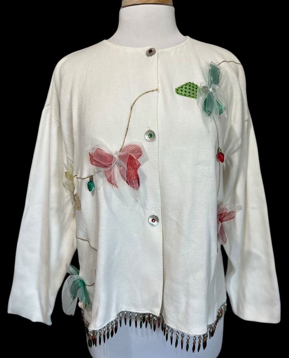 Vintage Shane Lee Christmas Decorations Lights Bows Cardigan Sweater Womens M